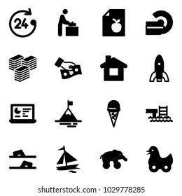 Solid vector icon set - 24 hours vector, baby room, diet list, mri, big cash, pay, home, rocket, statistics monitor, mountain, ice cream, pool, flip flops, sail boat, elephant wheel, toy duck