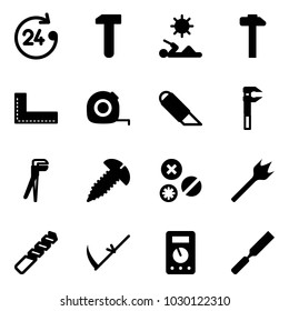 Solid vector icon set - 24 hours vector, work, reading, hammer, corner ruler, measuring tape, knife, plumber, screw, rivet, wood drill, scythe, multimeter, rasp