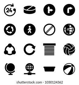 Solid vector icon set - 24 hours vector, pill, only forward right road sign, circle, pedestrian way, no limit, globe, social, reload, jalousie, volleyball, basin, beach ball