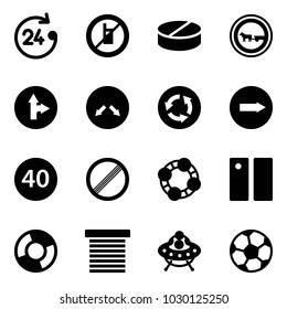 Solid vector icon set - 24 hours vector, no mobile sign, pill, cart horse road, only forward right, detour, circle, minimal speed limit, friends, pause, chart, jalousie, ufo toy, soccer ball