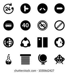 Solid vector icon set - 24 hours vector, only forward right road sign, detour, bus, minimal speed limit, end, no, globe, social, pause, round flask, jalousie, ufo toy
