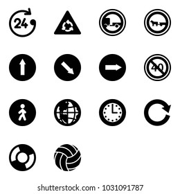 Solid vector icon set - 24 hours vector, round motion road sign, no trailer, cart horse, only forward, detour, right, end minimal speed limit, pedestrian way, globe, time, reload, circle chart
