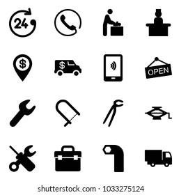 Solid vector icon set - 24 hours vector, phone, baby room, recieptionist, dollar pin, encashment car, mobile payment, open, wrench, fretsaw, plumber, jack, screwdriver, tool box, allen key