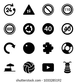 Solid vector icon set - 24 hours vector, oncoming traffic road sign, prohibition, speed limit 110, customs, circle, minimal, end, redo, record, puzzle, chart, inflatable pool, volleyball, playback