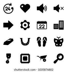 Solid vector icon set - 24 hours vector, heart, volume medium, off, right arrow, gear, calendar, building, gold, luck, flip flops, butterfly, piston, cpu, wheelbarrow, beanbag