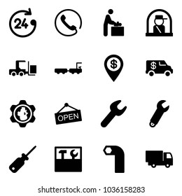 Solid vector icon set - 24 hours vector, phone, baby room, officer window, fork loader, baggage truck, dollar pin, encashment car, gear globe, open, wrench, screwdriver, tool box, allen key, toy