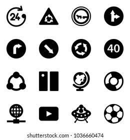 Solid vector icon set - 24 hours vector, round motion road sign, no cart horse, only forward right, detour, circle, minimal speed limit, social, pause, globe, chart, playback, ufo toy, soccer ball