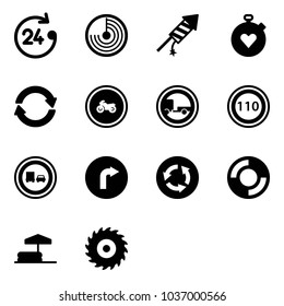 Solid vector icon set - 24 hours vector, radar, firework rocket, stopwatch heart, exchange, no moto road sign, trailer, speed limit 110, truck overtake, only right, circle, lifebuoy, inflatable pool