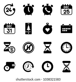 Solid vector icon set - 24 hours vector, alarm clock, phone, 25 dec calendar, 31, christmas mobile, stopwatch heart, schedule, account history, no parking even road sign, sand, time, wallet, around