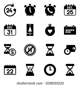 Solid vector icon set - 24 hours vector, alarm clock, phone, 25 dec calendar, 31, christmas mobile, stopwatch heart, schedule, account history, no parking even road sign, sand, wallet time