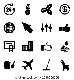 Solid vector icon set - 24 hours vector, snowman, three leafs, dollar exchange, globe, cursor, settings, like, certificate, building, finger up, pyramid, bucket scoop, plane, rake, toy giraffe