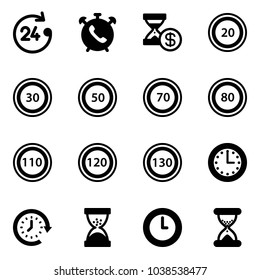 Solid vector icon set - 24 hours vector, phone alarm, account history, speed limit 20 road sign, 30, 50, 70, 80, 110, 120, 130, time, clock around, sand