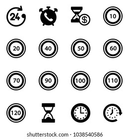 Solid vector icon set - 24 hours vector, phone alarm, account history, speed limit 10 road sign, 20, 40, 50, 60, 70, 90, 100, 110, 120, sand clock, time, around