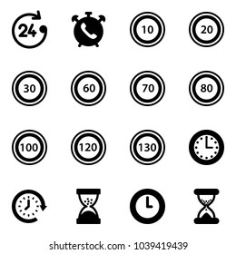 Solid vector icon set - 24 hours vector, phone alarm, speed limit 10 road sign, 20, 30, 60, 70, 80, 100, 120, 130, time, clock around, sand