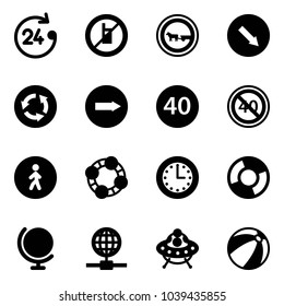 Solid vector icon set - 24 hours vector, no mobile sign, cart horse road, detour, circle, only right, minimal speed limit, end, pedestrian way, friends, time, chart, globe, ufo toy, beach ball