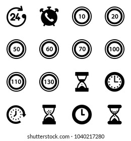 Solid vector icon set - 24 hours vector, phone alarm, speed limit 10 road sign, 20, 50, 60, 70, 100, 110, 130, sand clock, time, around