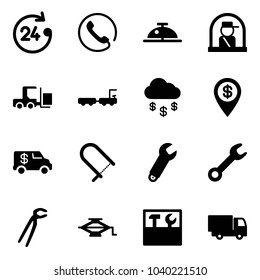 Solid vector icon set - 24 hours vector, phone, client bell, officer window, fork loader, baggage truck, money rain, dollar pin, encashment car, fretsaw, wrench, plumber, jack, tool box, toy