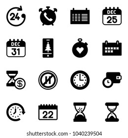 Solid vector icon set - 24 hours vector, phone alarm, schedule, 25 dec calendar, 31, christmas mobile, stopwatch heart, account history, no parking even road sign, time, wallet, clock around, sand