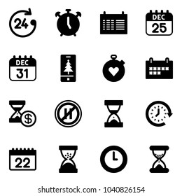 Solid vector icon set - 24 hours vector, alarm clock, schedule, 25 dec calendar, 31, christmas mobile, stopwatch heart, account history, no parking even road sign, sand, around
