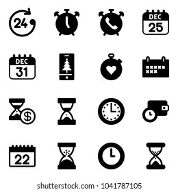 Solid vector icon set - 24 hours vector, alarm clock, phone, 25 dec calendar, 31, christmas mobile, stopwatch heart, schedule, account history, sand, time, wallet