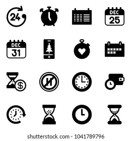 Solid vector icon set - 24 hours vector, alarm clock, schedule, 25 dec calendar, 31, christmas mobile, stopwatch heart, account history, no parking even road sign, time, wallet, around, sand