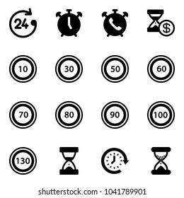 Solid vector icon set - 24 hours vector, alarm clock, phone, account history, speed limit 10 road sign, 30, 50, 60, 70, 80, 90, 100, 130, sand, around