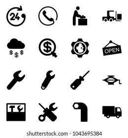 Solid vector icon set - 24 hours vector, phone, baby room, fork loader, money rain, click, gear globe, open, wrench, screwdriver, jack, tool box, allen key, truck toy