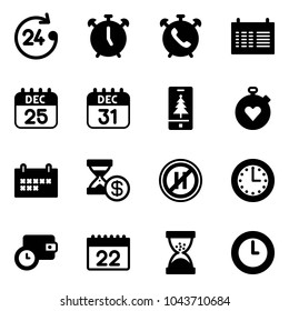 Solid vector icon set - 24 hours vector, alarm clock, phone, schedule, 25 dec calendar, 31, christmas mobile, stopwatch heart, account history, no parking even road sign, time, wallet, sand