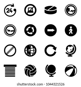 Solid vector icon set - 24 hours vector, no computer sign, pill, trailer road, cart horse, circle, only right, pedestrian way, limit, globe, reload, jalousie, volleyball, beach ball
