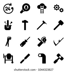 Solid vector icon set - 24 hours vector, head hunter, cloud ladder, gear, casting of steel, hammer, mason, rubber, plumber, screwdriver, Angular grinder, scythe, cocncrete mixer, rasp, allen key