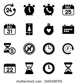 Solid vector icon set - 24 hours vector, alarm clock, phone, 25 dec calendar, 31, christmas mobile, stopwatch heart, schedule, account history, no parking even road sign, time, around, sand
