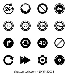 Solid vector icon set - 24 hours vector, christmas wreath, prohibition road sign, no moto, speed limit 30, 70, 120, cart horse, only right, circle, minimal, reload, fast forward, gear, cd