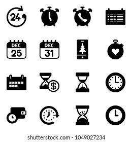 Solid vector icon set - 24 hours vector, alarm clock, phone, schedule, 25 dec calendar, 31, christmas mobile, stopwatch heart, account history, sand, time, wallet, around