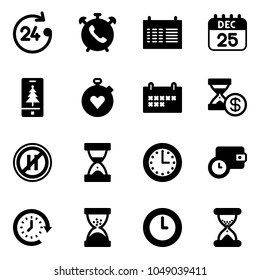 Solid vector icon set - 24 hours vector, phone alarm, schedule, 25 dec calendar, christmas mobile, stopwatch heart, account history, no parking even road sign, sand clock, time, wallet, around
