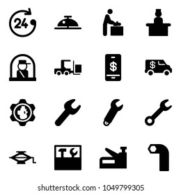 Solid vector icon set - 24 hours vector, client bell, baby room, recieptionist, officer window, fork loader, mobile payment, encashment car, gear globe, wrench, jack, tool box, stapler, allen key