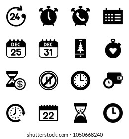 Solid vector icon set - 24 hours vector, alarm clock, phone, schedule, 25 dec calendar, 31, christmas mobile, stopwatch heart, account history, no parking even road sign, time, wallet, around, sand