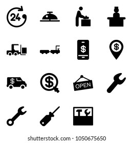 Solid vector icon set - 24 hours vector, client bell, baby room, recieptionist, fork loader, baggage truck, mobile payment, dollar pin, encashment car, money click, open, wrench, screwdriver