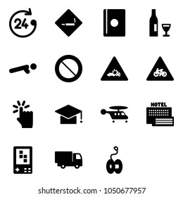 Solid vector icon set - 24 hours vector, smoking area sign, passport, wine, push ups, prohibition road, car crash, for moto, hand touch, graduate hat, helicopter, sea hotel, game console, truck toy
