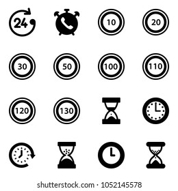 Solid vector icon set - 24 hours vector, phone alarm, speed limit 10 road sign, 20, 30, 50, 100, 110, 120, 130, sand clock, time, around