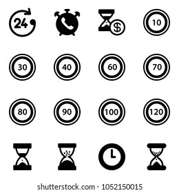 Solid vector icon set - 24 hours vector, phone alarm, account history, speed limit 10 road sign, 30, 40, 60, 70, 80, 90, 100, 120, sand clock
