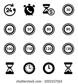 Solid vector icon set - 24 hours vector, phone alarm, account history, speed limit 30 road sign, 40, 50, 80, 90, 100, 110, 120, 130, sand clock, time