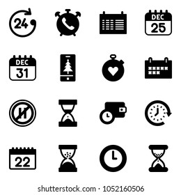 Solid vector icon set - 24 hours vector, phone alarm, schedule, 25 dec calendar, 31, christmas mobile, stopwatch heart, no parking even road sign, sand clock, wallet time, around