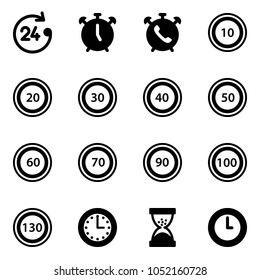 Solid vector icon set - 24 hours vector, alarm clock, phone, speed limit 10 road sign, 20, 30, 40, 50, 60, 70, 90, 100, 130, time, sand