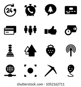 Solid vector icon set - 24 hours vector, phone alarm, merry christmas message, credit card, group, like, wallet time, chess queen, arrow up, strawberry, antenna, globe, record button, axe