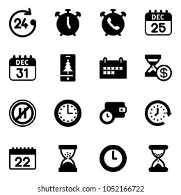 Solid vector icon set - 24 hours vector, alarm clock, phone, 25 dec calendar, 31, christmas mobile, schedule, account history, no parking even road sign, time, wallet, around, sand