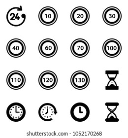 Solid vector icon set - 24 hours vector, speed limit 10 road sign, 20, 30, 40, 60, 70, 100, 110, 120, 130, sand clock, time, around