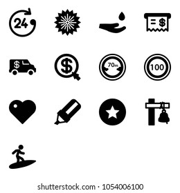 Solid vector icon set - 24 hours vector, firework, drop hand, receipt, encashment car, money click, limited distance road sign, speed limit 100, heart, highlight marker, star medal, ship bell