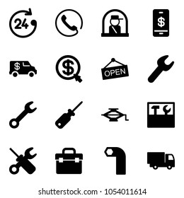 Solid vector icon set - 24 hours vector, phone, officer window, mobile payment, encashment car, money click, open, wrench, screwdriver, jack, tool box, allen key, truck toy