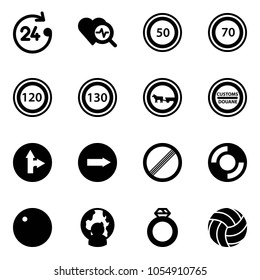Solid vector icon set - 24 hours vector, heart diagnosis, speed limit 50 road sign, 70, 120, 130, no cart horse, customs, only forward right, lifebuoy, record, man globe, diamond ring, volleyball