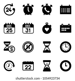 Solid vector icon set - 24 hours vector, alarm clock, phone, schedule, 25 dec calendar, 31, stopwatch heart, account history, no parking even road sign, sand, time, around